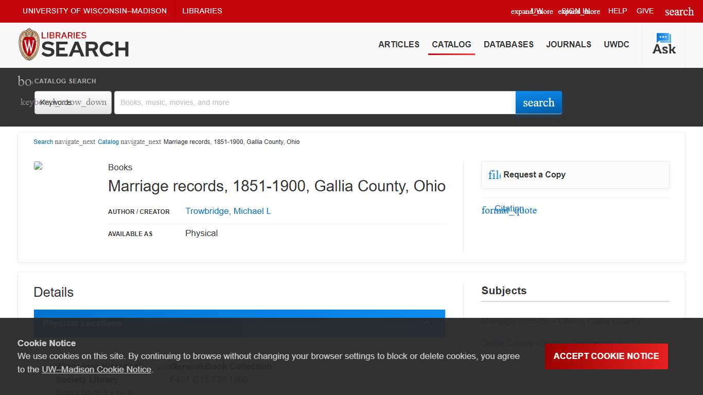 Marriage records, 1851-1900, Gallia County, Ohio - Catalog - UW-Madison Libraries
